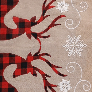 Christmas tree skirt with red plaid reindeer and white snowflake embroidery on burlap