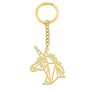 Golden unicorn metal keychain with geometric faceted design for car keys and bags