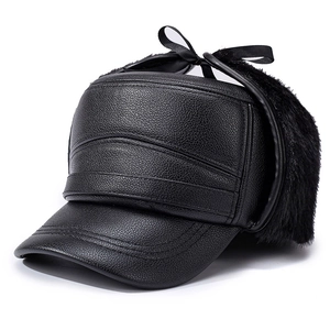 Black leather winter flat cap for men with plush lining and ear flaps for warmth