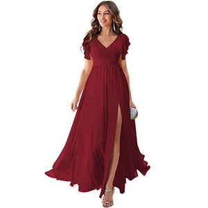 Elegant Chiffon V-Neck Maxi Evening Gown With Flutter Sleeves High Slit For Bridesmaid Prom Party
