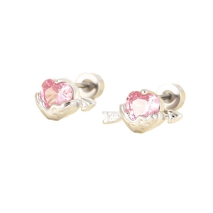 Pink heart and arrow titanium steel screw back earrings for women set in silver