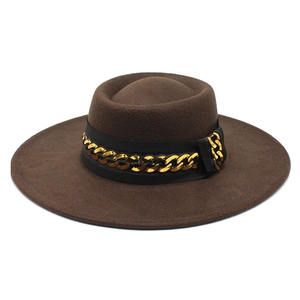 Fashionable dark brown wide brim wool felt hat featuring a stylish gold chain decoration