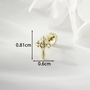 Gold fleur-de-lis cross stud earring with screw back measuring 0.81cm by 0.6cm