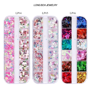 Set of 3 boxes with 12 grids of colorful heart and star nail art glitters and sequins