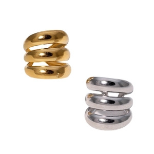 Minimalist wide triple-layered stacked metal rings in polished gold and silver finish