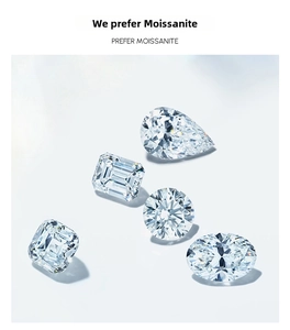 Detail of five moissanite stones showing pear, emerald, round, cushion, and oval cuts