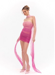 Dettaglio dell'abito aderente in rete sfumata rosa con volant e sciarpa in tulle abbinata