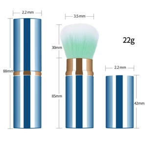 Portable retractable makeup brush for travel showing detailed dimensions and blue gold design