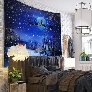 Tapisserie de Noël avec forêt bleue et rennes pour décoration murale de chambre