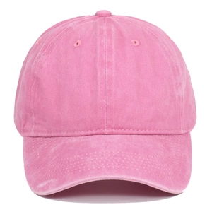 Front view of a pink washed cotton baseball cap with ventilation eyelets and stitched brim