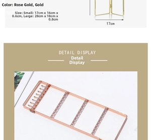 Detailed size specifications for folding iron jewelry display stand in rose gold and gold