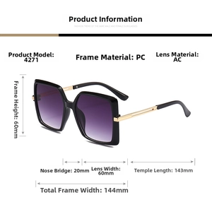 Detailed size specifications for square frame oversized sunglasses with purple gradient lenses