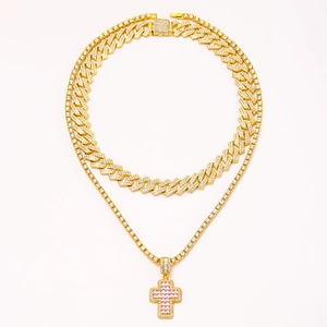 Gold hip hop jewelry set with pink cross pendant tennis chain and iced out cuban link