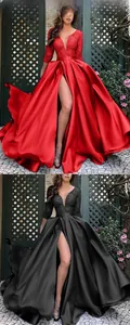 Detail of sequins embroidery and high-slit satin skirt on elegant evening gowns