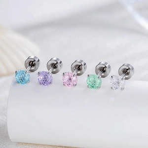 Candy Color Cubic Zirconia Ear Cartilage Stud Earrings Titanium Steel Flat Back Screw Helix Piercing Jewelry For Women