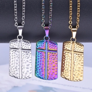 Rainbow and gold plated stainless steel cross pendant necklaces with hammered texture