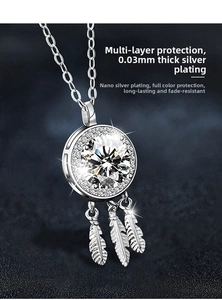 Detailed macro view of dreamcatcher pendant with 925 silver plating and moissanite stone
