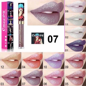Waterbestendige holografische glitter lipgloss swatches van tinten 01 tot 12