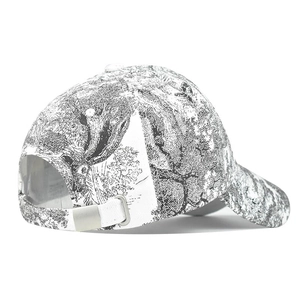Detail view of tie-dye baseball cap with silver metal buckle and retro Toile de Jouy pattern