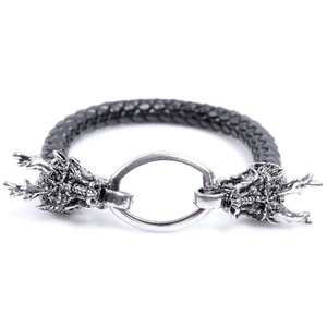 Retro Hip Hop Dragon Totem Bracelet Men Braided PU Leather Silver Alloy Double Dragon Head Wristband Gothic Punk Jewelry