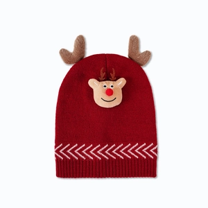 Detailed view of red Christmas knit hat with 3D reindeer plush decor and brown antlers