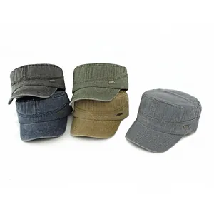Flat top military caps for men and women in five assorted colors on white background