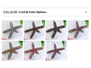 Detailed color show of rhinestone starfish hair clips in seven sparkling color variations