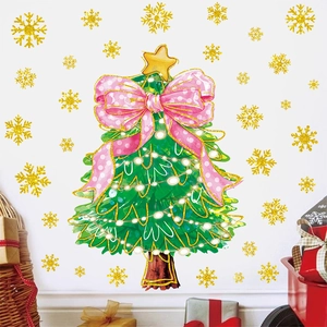 Pink bow Christmas tree wall decal with golden snowflakes on white background