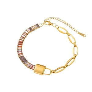 Chic asymmetric gold chain bracelet with colorful baguette crystals and lock charm