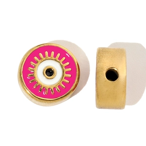 Detailed view of pink and white evil eye charm with gold finish and side threading hole