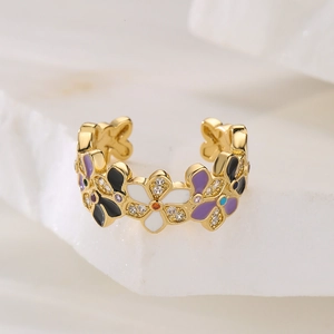 Irregular floral open ring with colorful enamel petals and zircon pavé in gold finish