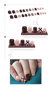 Detail view of red checkerboard and leopard print press-on nails with 24 piece set