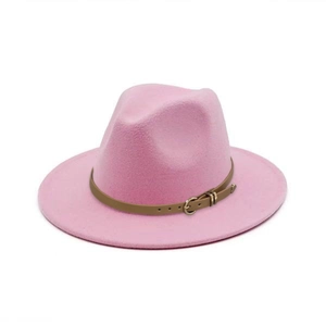 Pink wide brim fedora wool hat with brown leather belt trim and vintage style for women