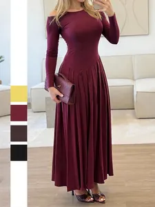 Robe Longue En Tricot Épaule Asymétrique Plissée Ligne A Manches Longues Taille Haute Couleur Unie Automne Hiver