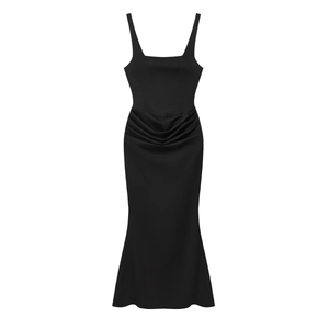 Elegant black sleeveless fishtail evening dress with square neck and pleated waist details