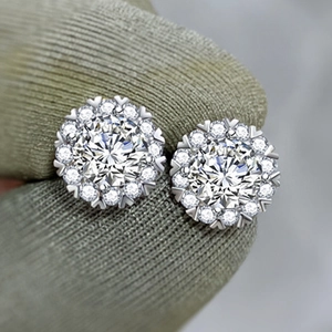 Elegant halo stud earrings with zircon snowflakes in silver finish for women's banquet