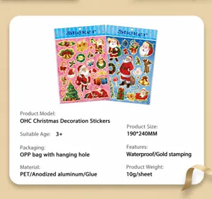 Close-up of waterproof gold foil Christmas stickers made of PET with festive designs