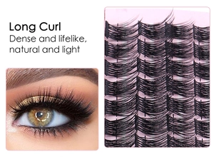 Detailed view of long curl dense eyelashes with close-up of eye application and tray layout