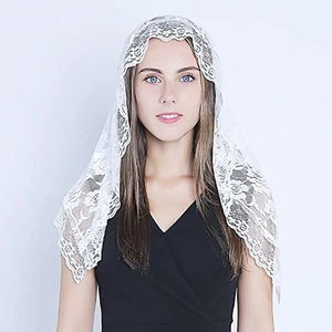 Elegant white lace bridal mantilla veil with floral embroidery on soft tulle mesh