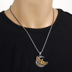 Men's retro stainless steel necklace with eagle and moon pendant on male model