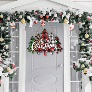 Plaid Christmas tree wooden door sign with Merry Christmas text on a festive front door