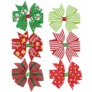 Set of 6 Christmas hair bows with plaid and striped patterns for holiday parties