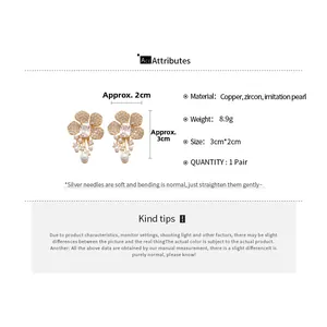Detailed view of floral zircon and pearl earrings with 3cm x 2cm size specifications