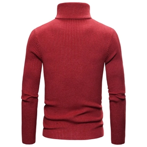 Detail of dark red turtleneck sweater showing ribbed knit texture and slim fit design