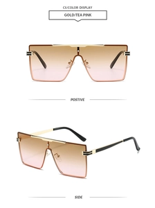 Gold square sunglasses with tea pink gradient lenses shown in front and side views
