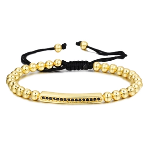 Handmade Copper Beaded Adjustable Bracelet For Men Women Micro Inlaid Black Rhinestone Bar Charm Jewelry Gold Silver Black Plated