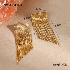 Detailed view of gold tassel earrings showing size measurements and weight specifications