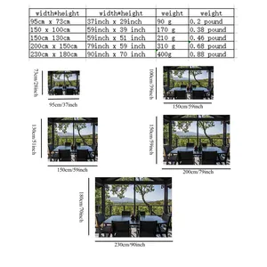 Size chart for forest tapestry showing dimensions from 95x73cm to 230x180cm with weights