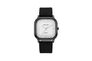 Detail shot of a square quartz watch with white dial, black metal case and leather strap