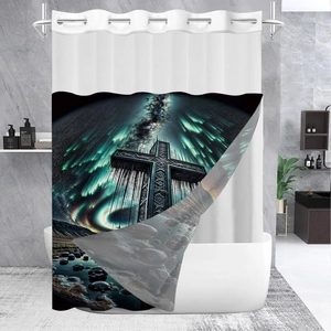 Tenda da doccia waffle impermeabile con stampa gotica di croce e teschio aurora boreale